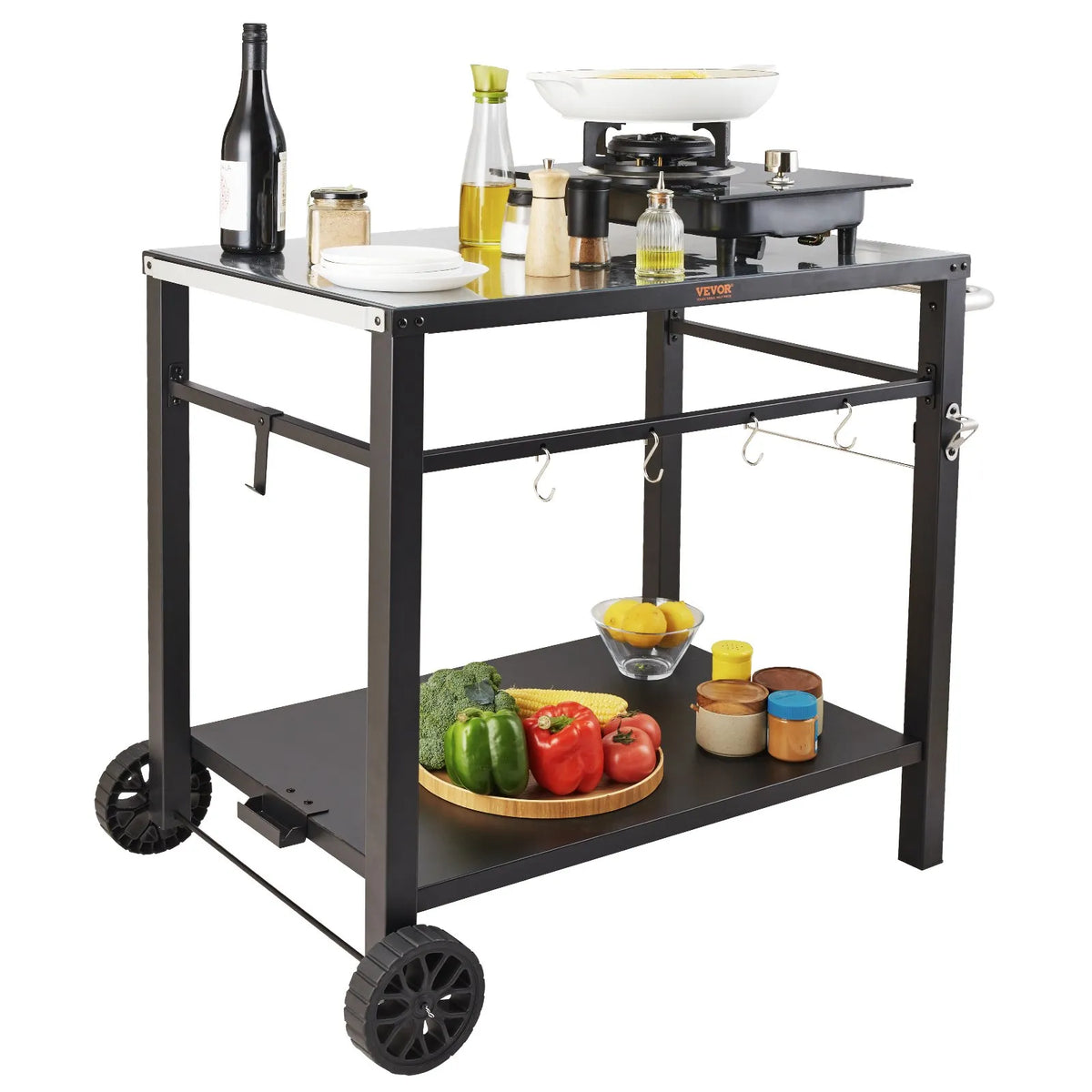 VEVOR pārvietojams āra grila un ēdināšanas galds ar diviem plauktiem, BBQ pārtikas sagatavošanas galds ar daudzfunkcionālu metāla darba virsmu, portatīvs modulārs galds picas krāsnij, darba galds ar 2 riteņiem un pārnēsāšanas rokturi, melns