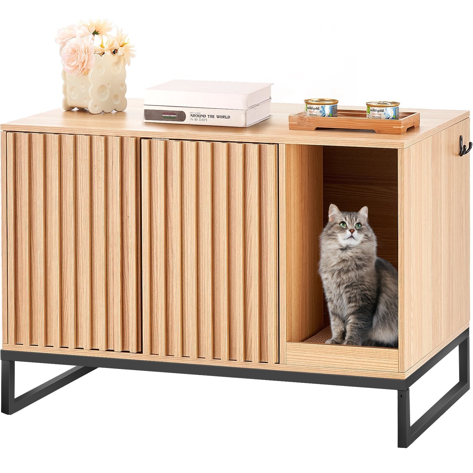 VEVOR slēptā kaķu tualetes kaste mēbelē ar 2 durvīm, 80 × 51 × 56 cm, dabīga koka krāsā