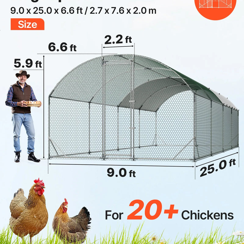 VEVOR liels metāla vistu voljērs 2,7 × 7,6 × 2 m ar ieejamu konstrukciju, kupolveida jumtu un ūdensizturīgu pārsegu, izturīgs mājputnu voljērs vistām, pīlēm, zosīm un trušiem dārzam vai saimniecībai