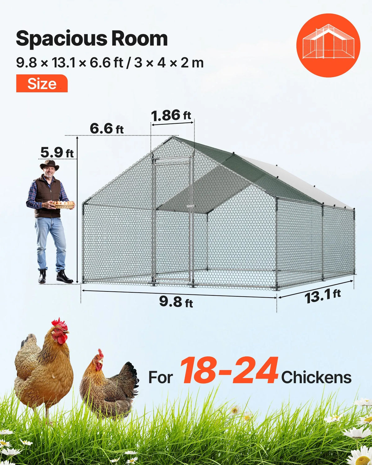 VEVOR metāla vistas kūts 3 × 4 × 2 m ieejama pastaigu zona ar pārsegu, smailā jumta mājputnu iežogojums ar drošības slēdzi — piemērots vistām, pīlēm, trušiem un citiem mājdzīvniekiem pagalmam un saimniecībai