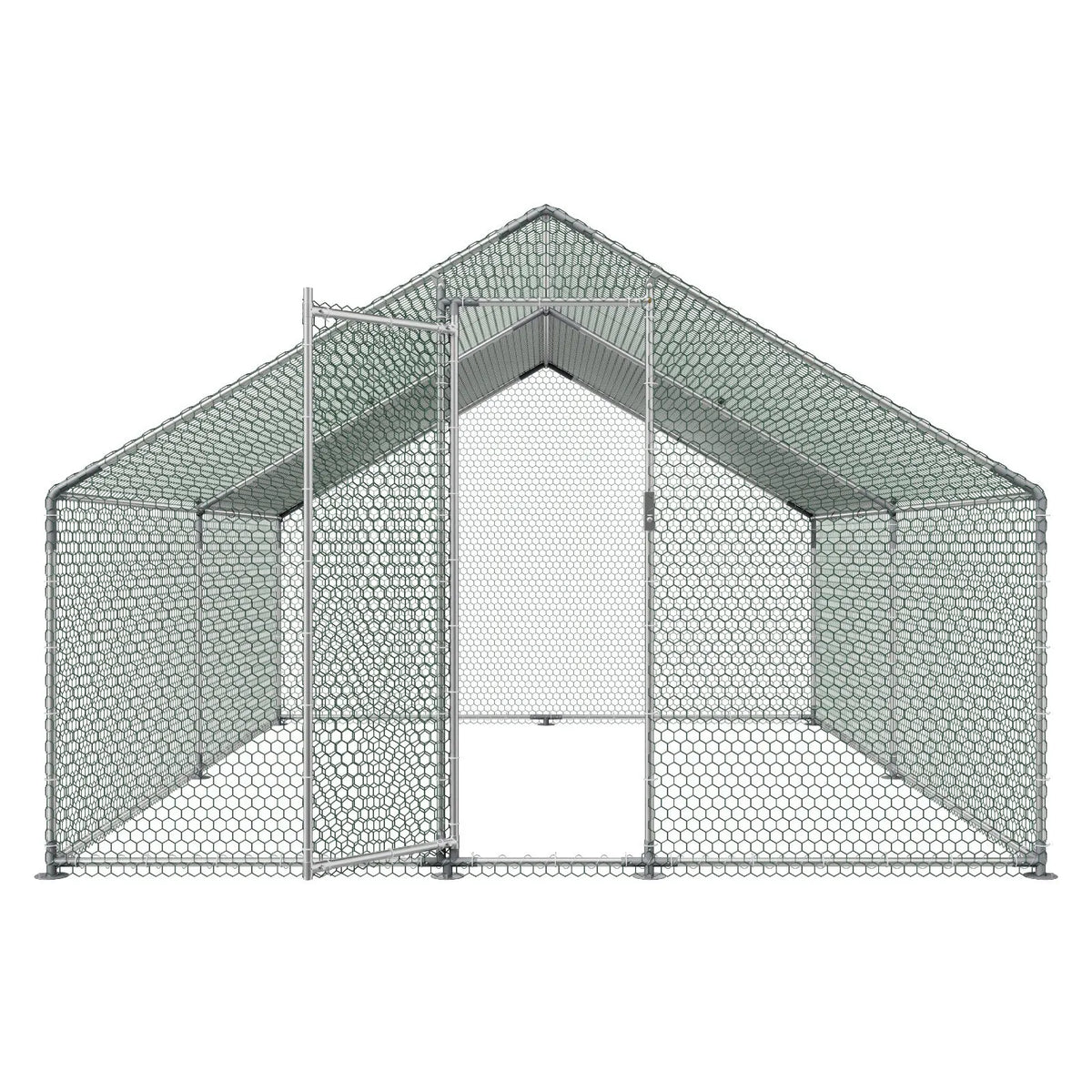 VEVOR metāla vistas kūts 3 × 4 × 2 m ieejama pastaigu zona ar pārsegu, smailā jumta mājputnu iežogojums ar drošības slēdzi — piemērots vistām, pīlēm, trušiem un citiem mājdzīvniekiem pagalmam un saimniecībai