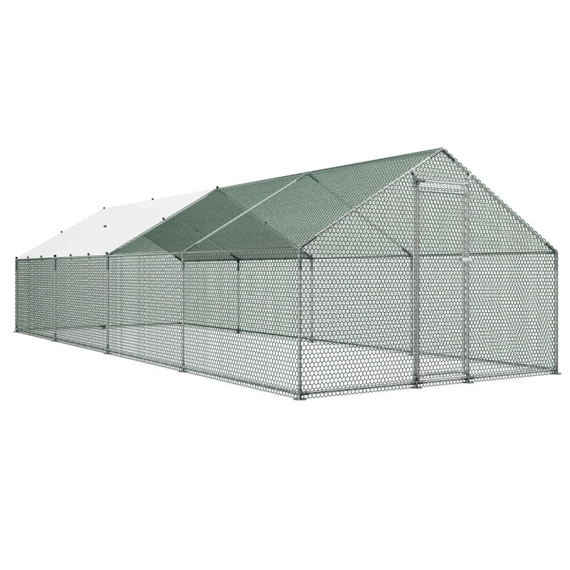 VEVOR metāla vistu aploks, 3 × 8 × 2 m, liels ieejams putnu voljērs ar pārsegu, arkas tipa jumts, drošības slēdzene, āra būris vistām, pīlēm un trušiem pagalmam vai saimniecībai
