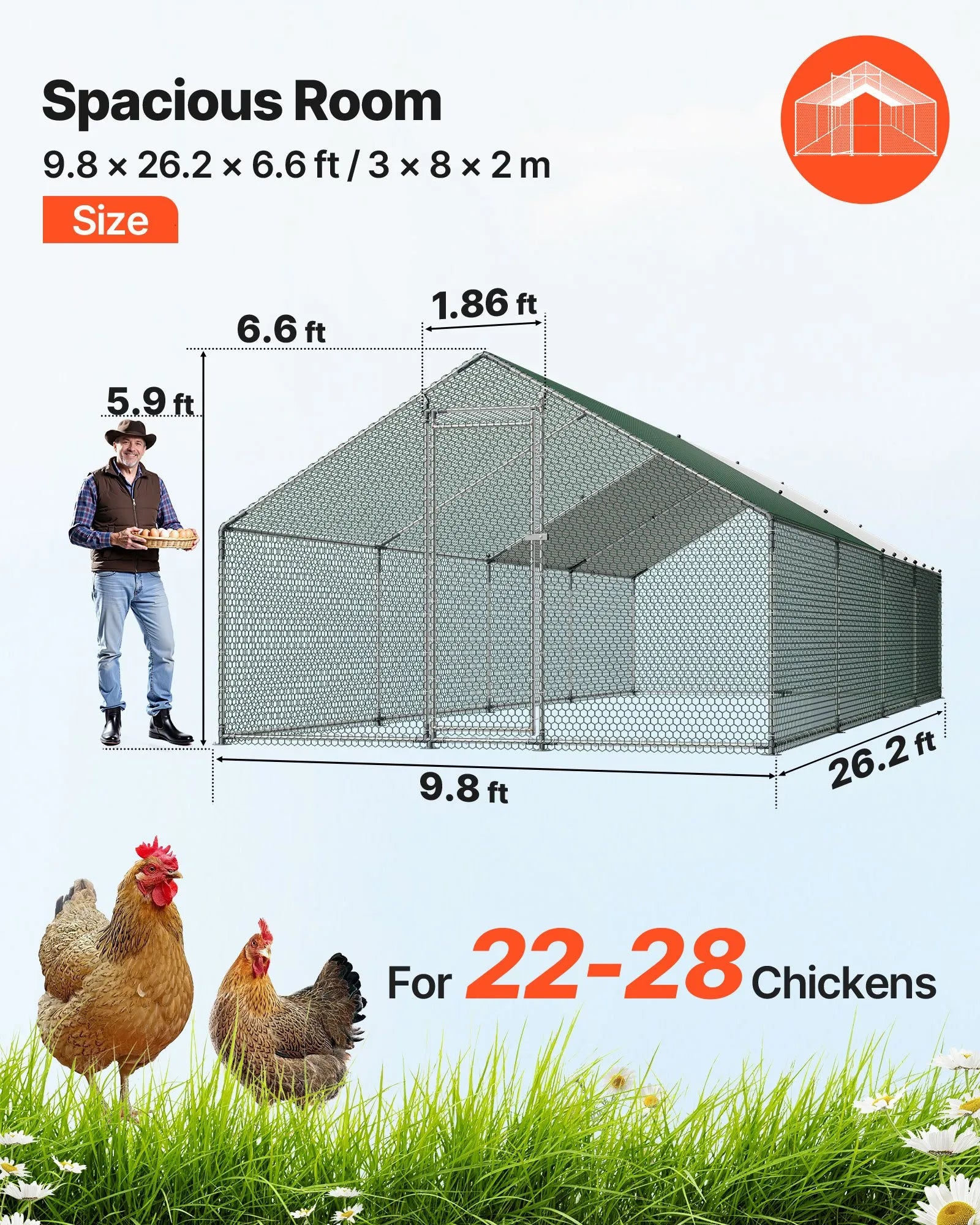 VEVOR metāla vistu aploks, 3 × 8 × 2 m, liels ieejams putnu voljērs ar pārsegu, arkas tipa jumts, drošības slēdzene, āra būris vistām, pīlēm un trušiem pagalmam vai saimniecībai
