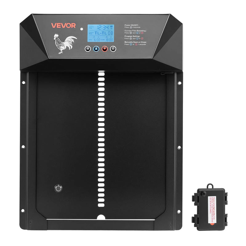 VEVOR automātiskās vistas kūts durvis ar LCD displeju, gaismas sensoru, taimeri un manuālo vadību, līdzstrāvas un bateriju barošanu, pretpiestiprināšanas drošību, izturīgu alumīnija sakausējumu, vistas ieejas vārtu atvērējs saimniecībai