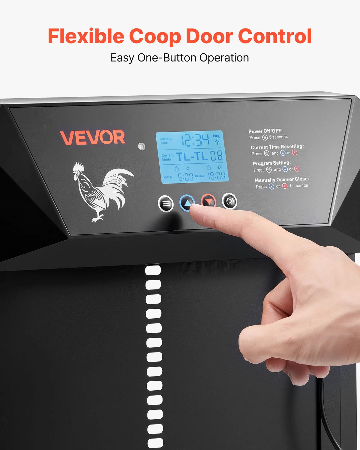 VEVOR automātiskās vistas kūts durvis ar LCD displeju, gaismas sensoru, taimeri un manuālo vadību, līdzstrāvas un bateriju barošanu, pretpiestiprināšanas drošību, izturīgu alumīnija sakausējumu, vistas ieejas vārtu atvērējs saimniecībai