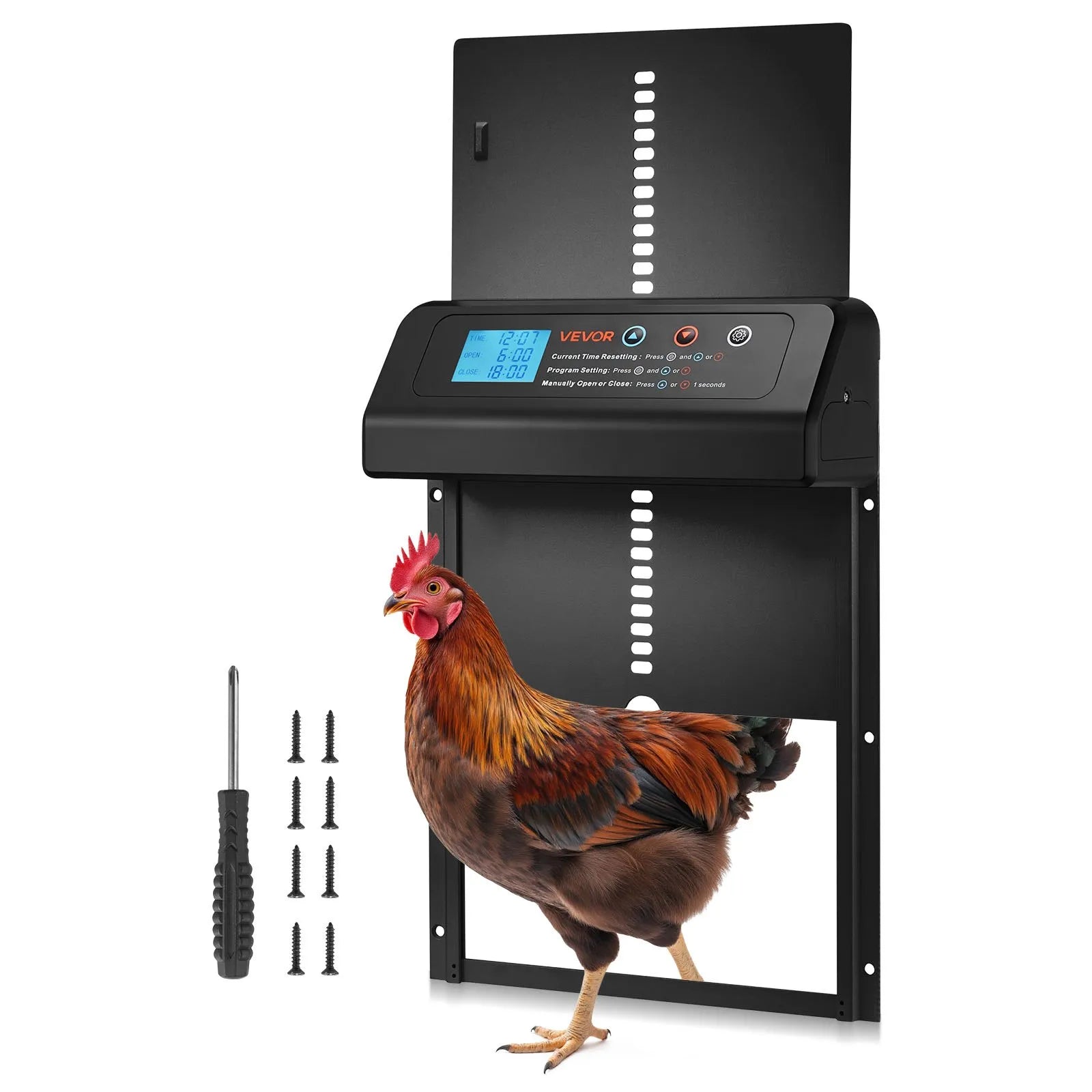 VEVOR automātiskās vistas kūts durvis, akumulatora darbināmas, ar taimeri un manuālo vadību, pretpiestiprināšanas drošība, izturīgs alumīnija sakausējums, automātiska vista ieejas vārti, ūdensizturīgs blīvējums, melnas