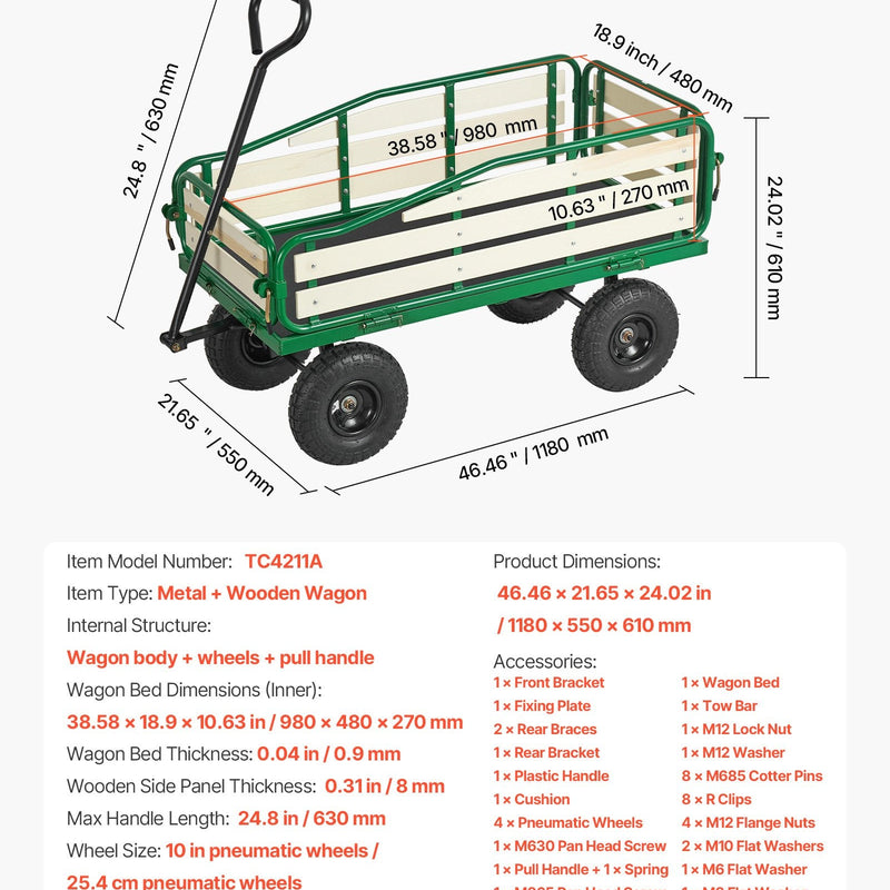 VEVOR bērnu velkamie ratiņi 101 cm ar salokāmu koka bortu un rokturi, kravnesība līdz 250 kg, 25,4 cm bezceļu riepas, universāls ratiņš dārzam un pludmalei, piemērots kā dāvana bērniem