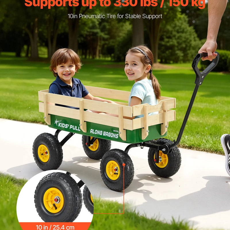 VEVOR bērnu velkamie rati, 101 cm bērnu rati ar koka sānu paneļiem un rokturi, kravnesība līdz 150 kg, universāli rati ar visurgājēja riteņiem dārzam, pludmalei un atpūtai, zaļi