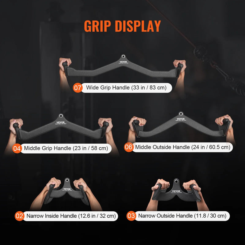 VEVOR kabeļu trenažiera rokturu komplekts, 5 gab., LAT pulldown stienis, T-stienis un V-stienis vilkšanas vingrinājumiem, tricepsa vilkšanas stienis ar gumijotu roktura pārklājumu, bicepsa un muguras spēka treniņiem mājas sporta zālei