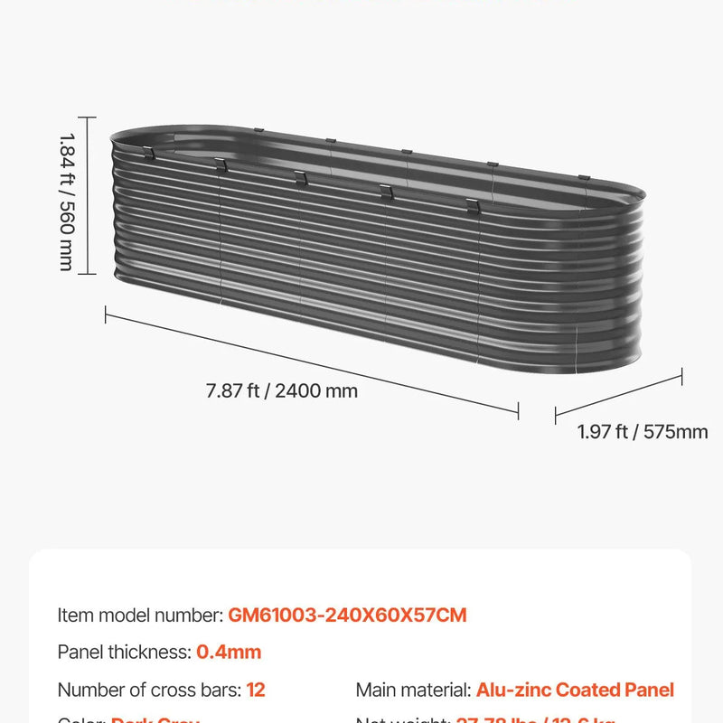 Metāla paaugstinātā dārza dobe 244 × 61 × 61 cm āra cinkota stādīšanas kaste tumši pelēka