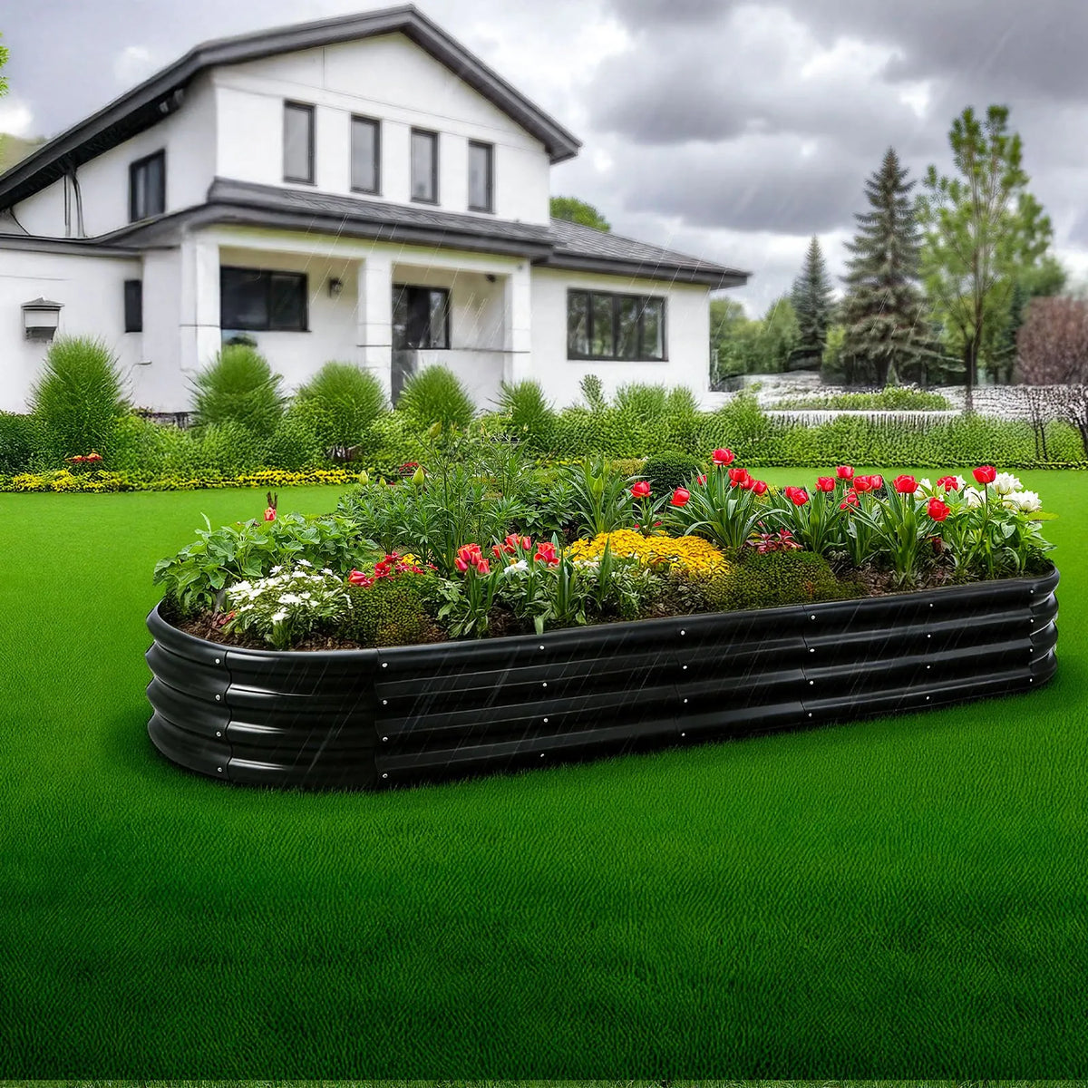 VEVOR metāla paaugstinātā dārza dobe 2,4 × 0,6 × 0,3 m, ovāla cinkota āra stādīšanas kaste ar atvērtu apakšu, liela dobe dārzeņu, ziedu, garšaugu un sukulentu audzēšanai, tumši pelēka