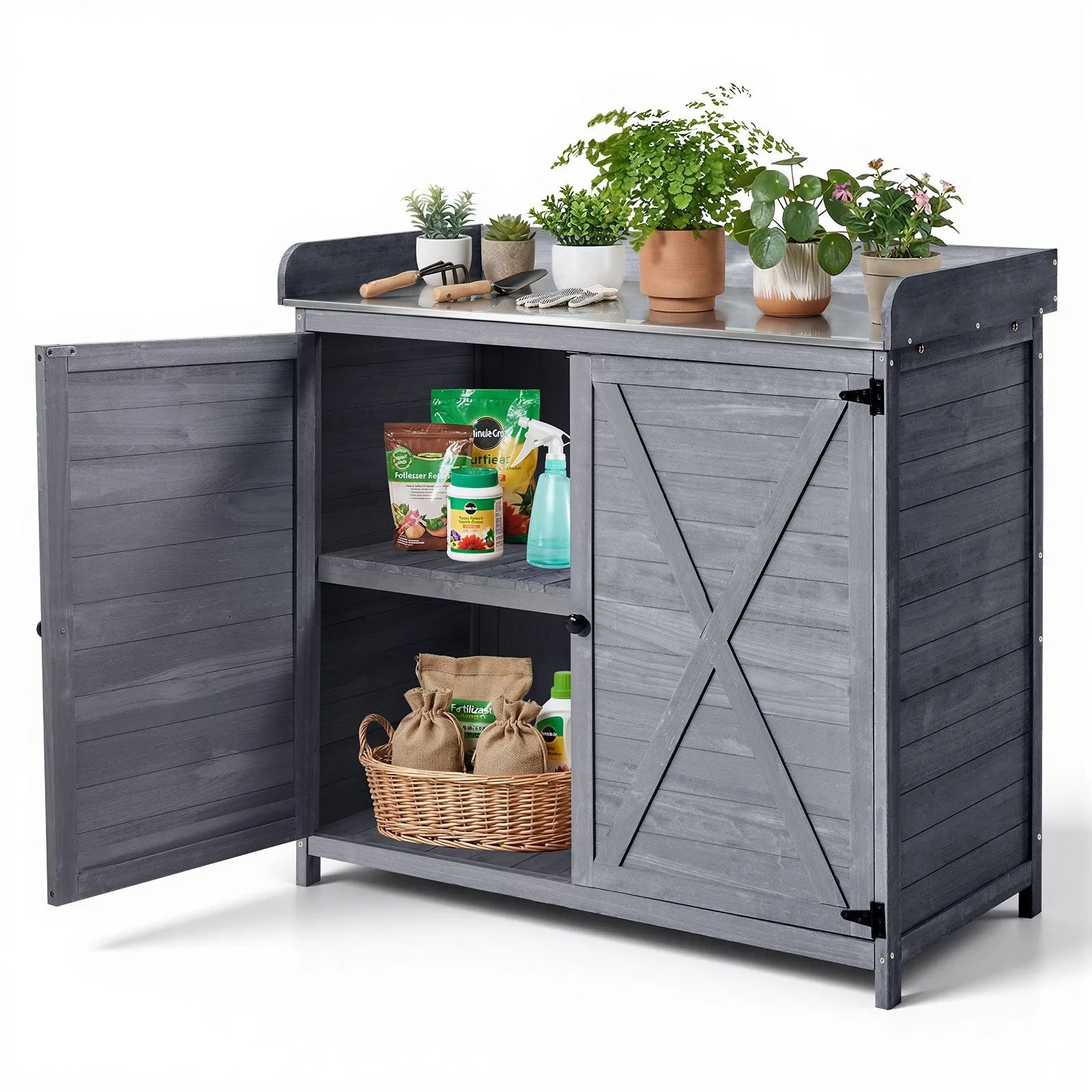 VEVOR dārza darba galds ar 98 x 48 cm koka virsmu, āra koka uzglabāšanas skapis ar plašu uzglabāšanas vietu, dārza stādīšanas darba stacija terasei un pagalmam, pelēks