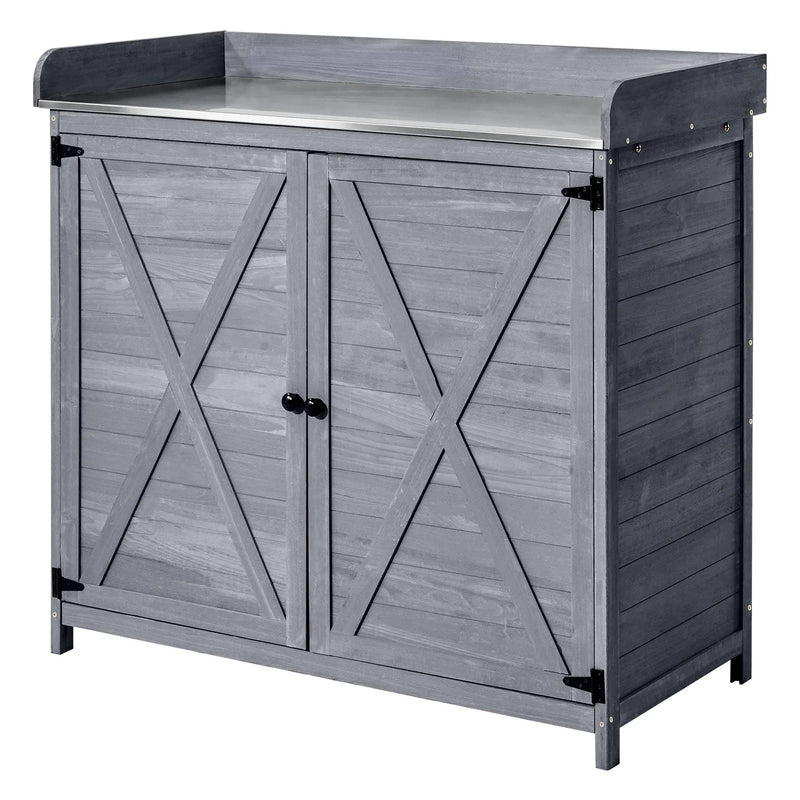 VEVOR dārza darba galds ar 98 x 48 cm koka virsmu, āra koka uzglabāšanas skapis ar plašu uzglabāšanas vietu, dārza stādīšanas darba stacija terasei un pagalmam, pelēks