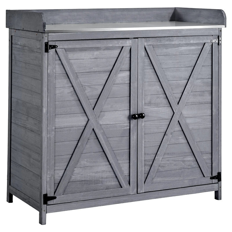 VEVOR dārza darba galds ar 98 x 48 cm koka virsmu, āra koka uzglabāšanas skapis ar plašu uzglabāšanas vietu, dārza stādīšanas darba stacija terasei un pagalmam, pelēks
