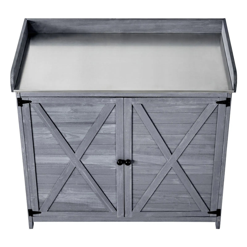 VEVOR dārza darba galds ar 98 x 48 cm koka virsmu, āra koka uzglabāšanas skapis ar plašu uzglabāšanas vietu, dārza stādīšanas darba stacija terasei un pagalmam, pelēks