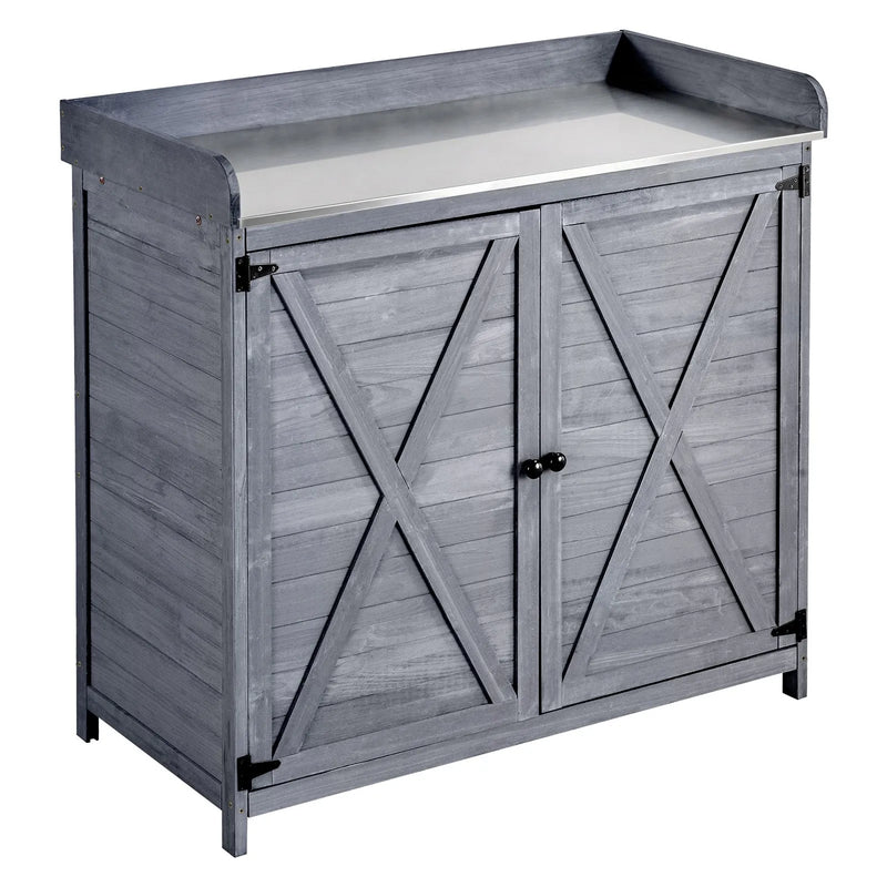 VEVOR dārza darba galds ar 98 x 48 cm koka virsmu, āra koka uzglabāšanas skapis ar plašu uzglabāšanas vietu, dārza stādīšanas darba stacija terasei un pagalmam, pelēks