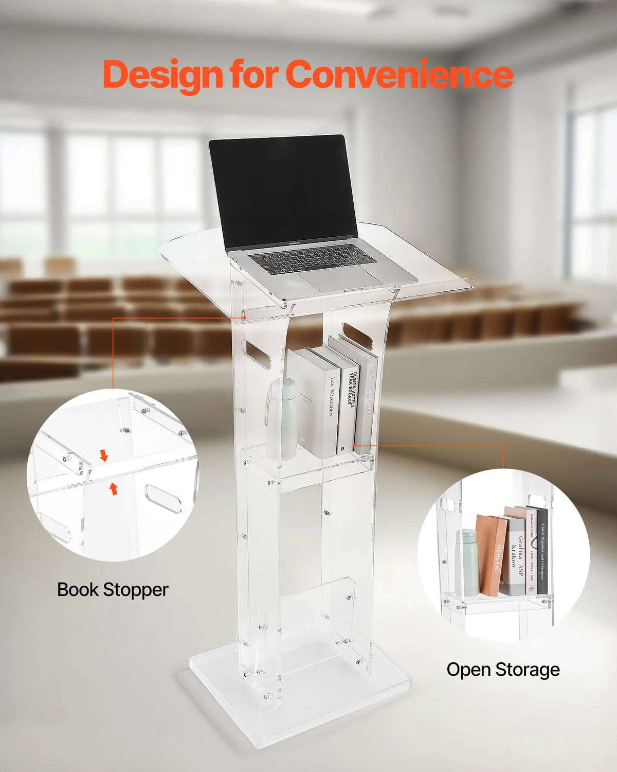 VEVOR Acrylic Lectern, 110 cm, Portable, with a Wide Reading Surface, Storage Shelf, and Book Rest