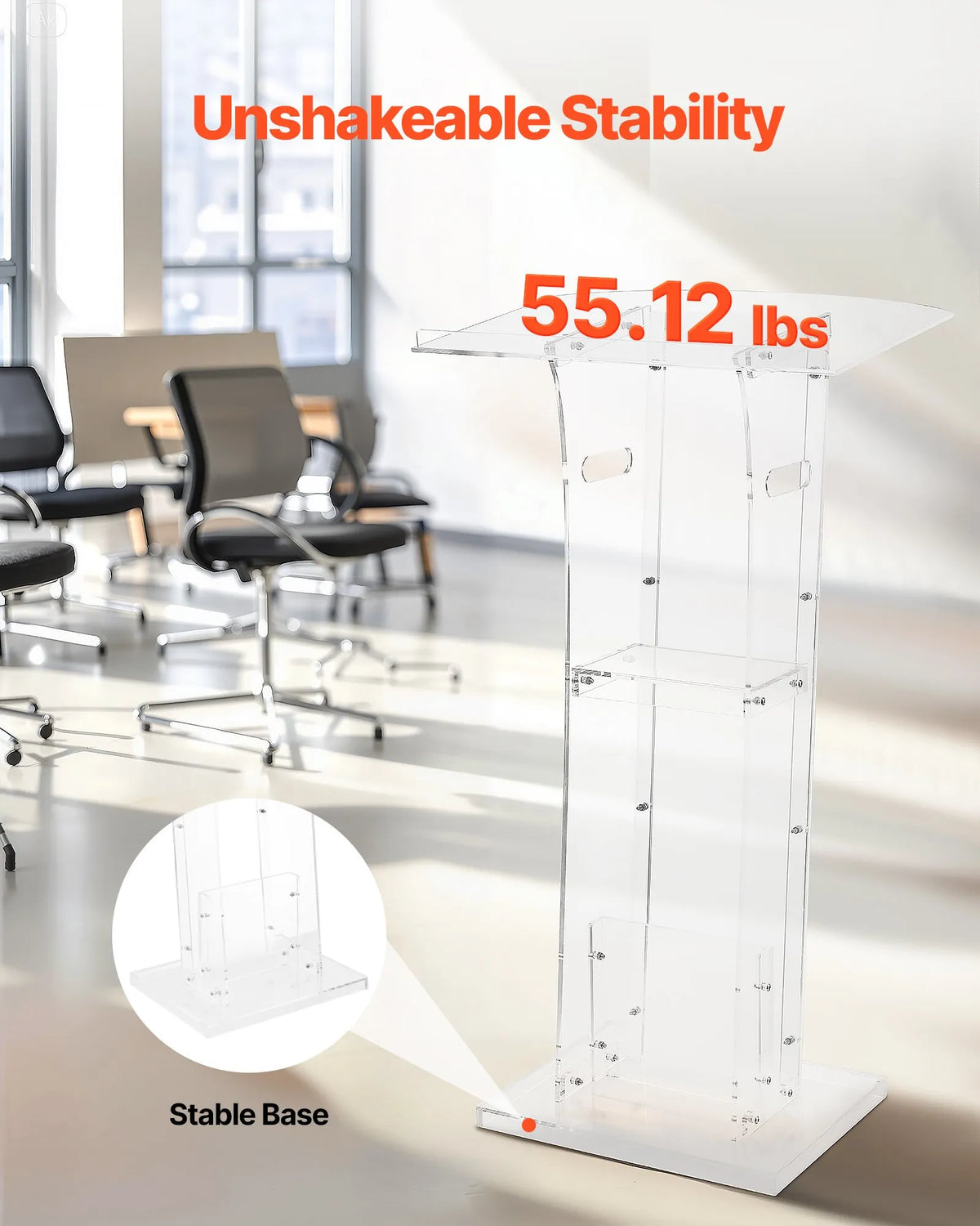VEVOR Acrylic Lectern, 110 cm, Portable, with a Wide Reading Surface, Storage Shelf, and Book Rest