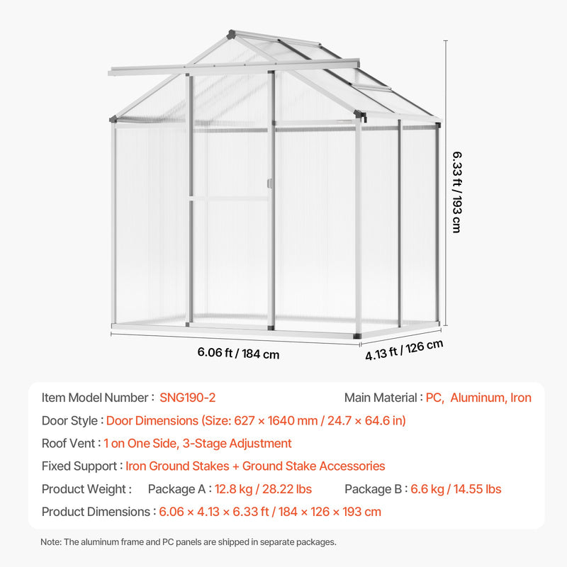 Pieejams 10 dienu laikā! VEVOR polikarbonāta 1,84 x 1,26 x 1,93 m siltumnīca dārzam