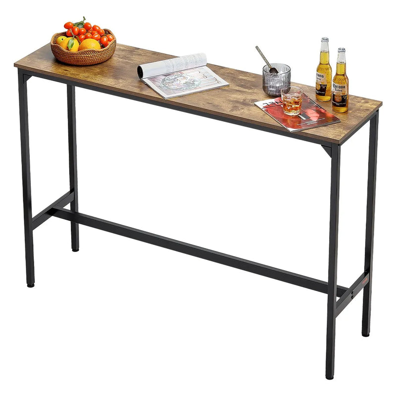 VEVOR augsts bāra galds ar metāla rāmi, 140×38×99 cm, šaurs un garš galds virtuvei, ēdamzonai vai kokteiļu zonai, viegli saliekams, retro brūnā un melnā krāsā