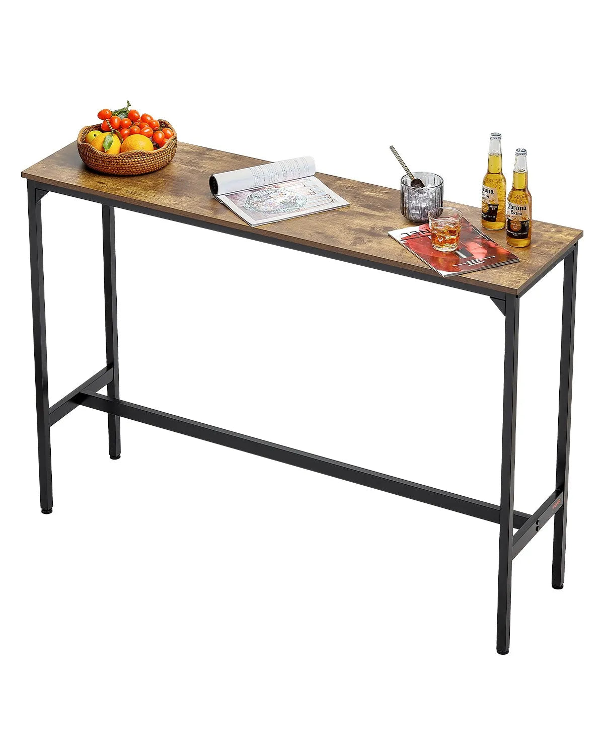 VEVOR augsts bāra galds ar metāla rāmi, 140×38×99 cm, šaurs un garš galds virtuvei, ēdamzonai vai kokteiļu zonai, viegli saliekams, retro brūnā un melnā krāsā
