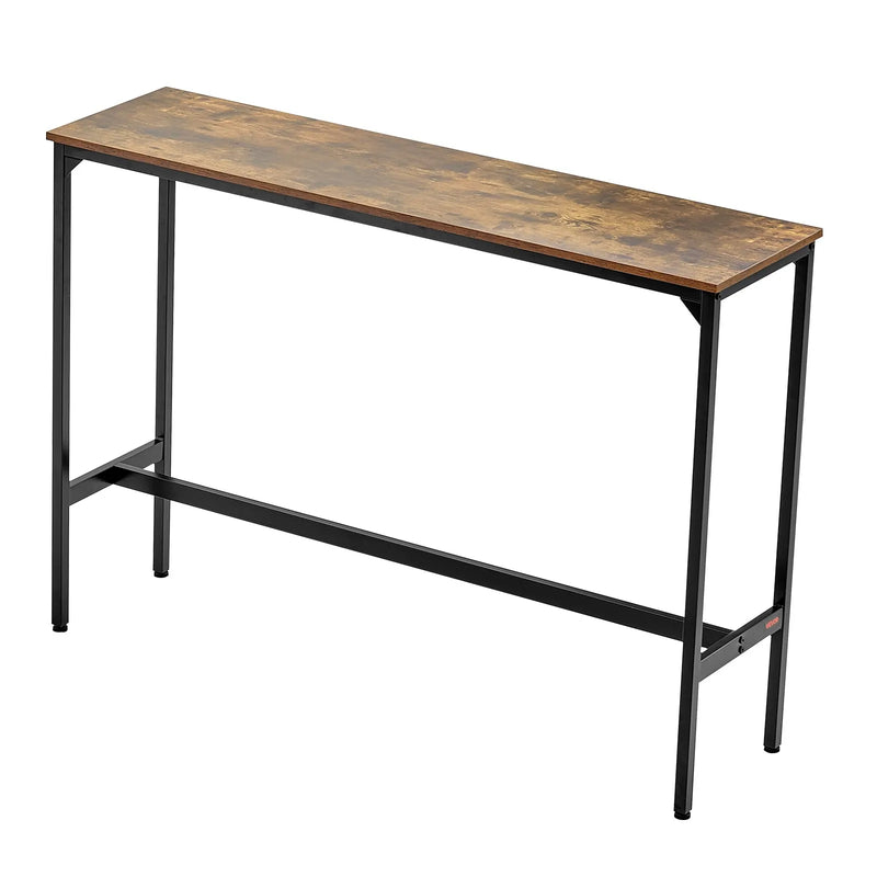 VEVOR augsts bāra galds ar metāla rāmi, 140×38×99 cm, šaurs un garš galds virtuvei, ēdamzonai vai kokteiļu zonai, viegli saliekams, retro brūnā un melnā krāsā