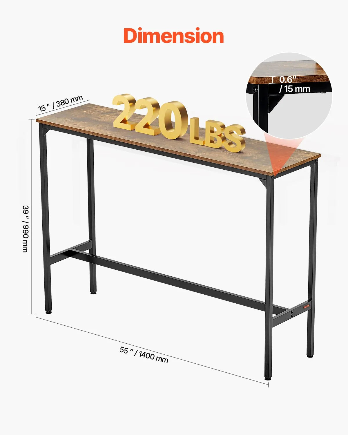 VEVOR augsts bāra galds ar metāla rāmi, 140×38×99 cm, šaurs un garš galds virtuvei, ēdamzonai vai kokteiļu zonai, viegli saliekams, retro brūnā un melnā krāsā