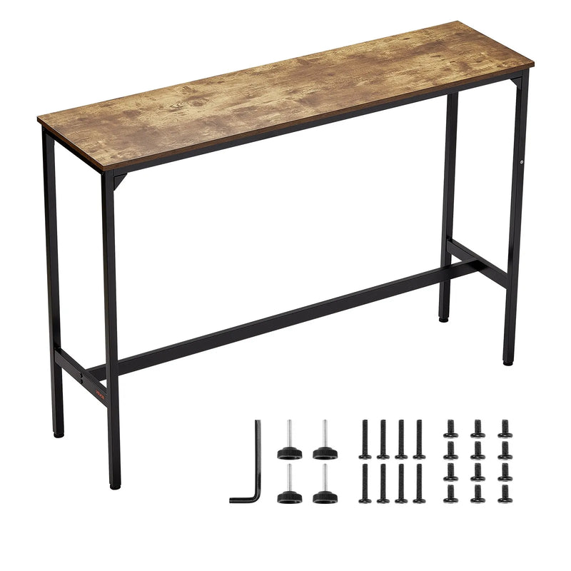 VEVOR augsts bāra galds ar metāla rāmi, 140×38×99 cm, šaurs un garš galds virtuvei, ēdamzonai vai kokteiļu zonai, viegli saliekams, retro brūnā un melnā krāsā