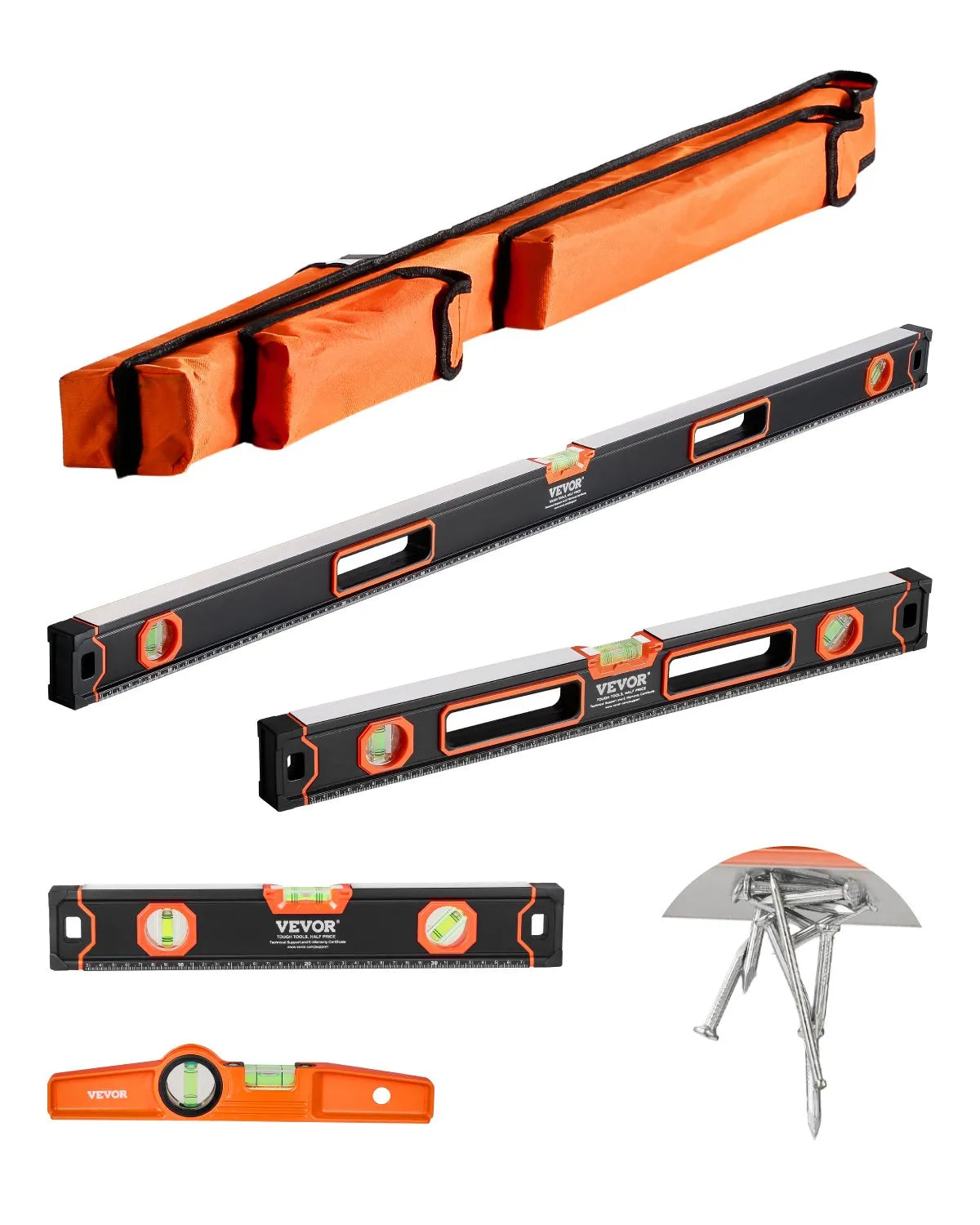 VEVOR 4 gabalu magnētisko torpēdas līmeņrāžu komplekts 1220/610/406/254 mm ar fluorescējošiem burbuļlīmeņiem, 45°/90°/180° lineālu, alumīnija sakausējuma līmeņošanas instrumentiem ar collu un metrisko skalu