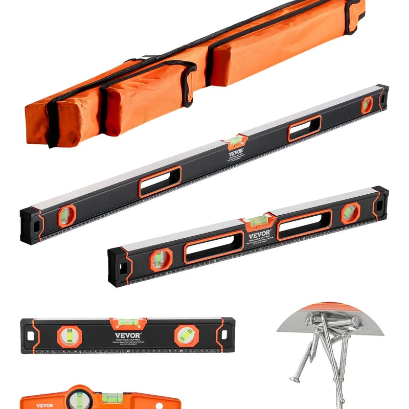 VEVOR 4 gabalu magnētisko torpēdas līmeņrāžu komplekts 1220/610/406/254 mm ar fluorescējošiem burbuļlīmeņiem, 45°/90°/180° lineālu, alumīnija sakausējuma līmeņošanas instrumentiem ar collu un metrisko skalu