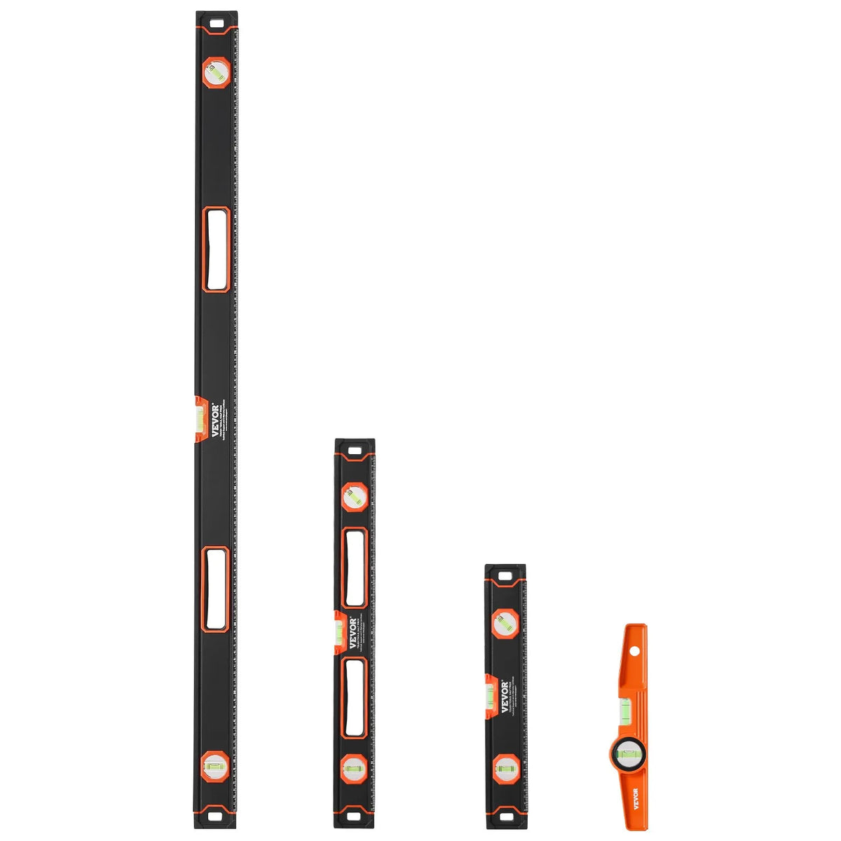 VEVOR 4 gabalu magnētisko torpēdas līmeņrāžu komplekts 1220/610/406/254 mm ar fluorescējošiem burbuļlīmeņiem, 45°/90°/180° lineālu, alumīnija sakausējuma līmeņošanas instrumentiem ar collu un metrisko skalu