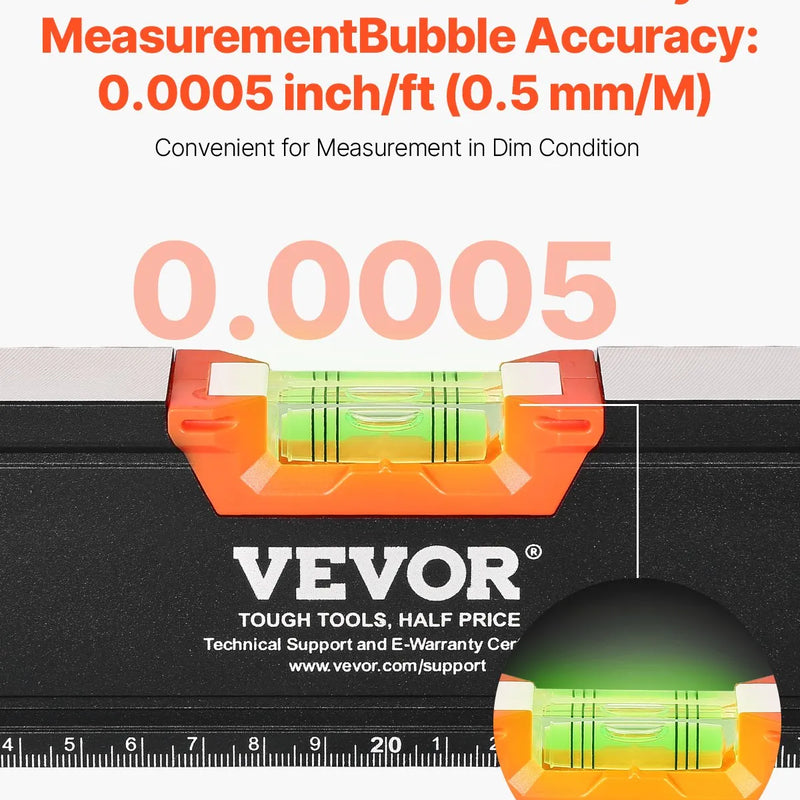 VEVOR 4 gabalu magnētisko torpēdas līmeņrāžu komplekts 1220/610/406/254 mm ar fluorescējošiem burbuļlīmeņiem, 45°/90°/180° lineālu, alumīnija sakausējuma līmeņošanas instrumentiem ar collu un metrisko skalu