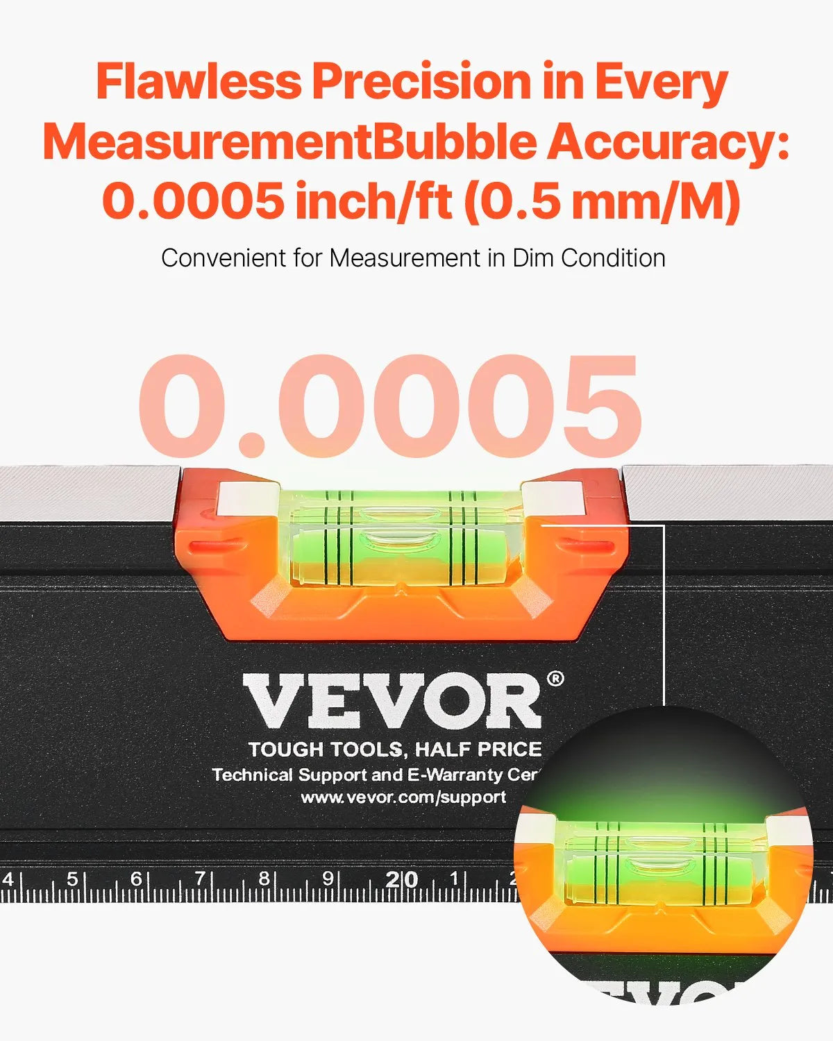VEVOR 4 gabalu magnētisko torpēdas līmeņrāžu komplekts 1220/610/406/254 mm ar fluorescējošiem burbuļlīmeņiem, 45°/90°/180° lineālu, alumīnija sakausējuma līmeņošanas instrumentiem ar collu un metrisko skalu