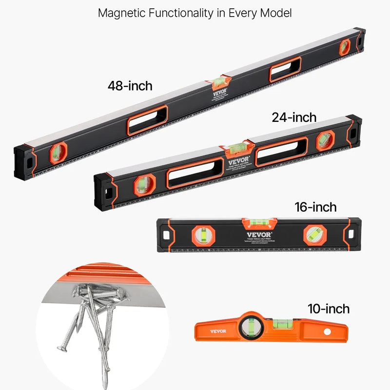 VEVOR 4 gabalu magnētisko torpēdas līmeņrāžu komplekts 1220/610/406/254 mm ar fluorescējošiem burbuļlīmeņiem, 45°/90°/180° lineālu, alumīnija sakausējuma līmeņošanas instrumentiem ar collu un metrisko skalu