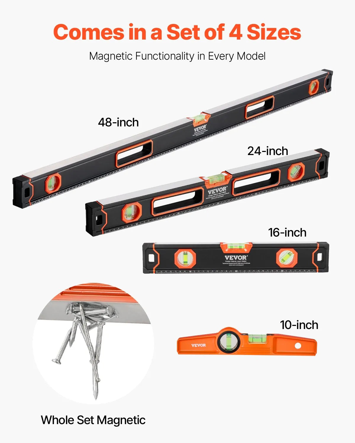 VEVOR 4 gabalu magnētisko torpēdas līmeņrāžu komplekts 1220/610/406/254 mm ar fluorescējošiem burbuļlīmeņiem, 45°/90°/180° lineālu, alumīnija sakausējuma līmeņošanas instrumentiem ar collu un metrisko skalu