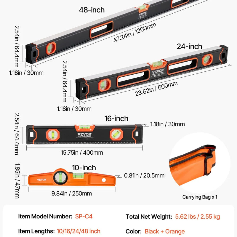 VEVOR 4 gabalu magnētisko torpēdas līmeņrāžu komplekts 1220/610/406/254 mm ar fluorescējošiem burbuļlīmeņiem, 45°/90°/180° lineālu, alumīnija sakausējuma līmeņošanas instrumentiem ar collu un metrisko skalu