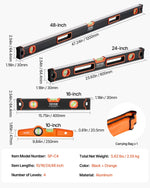 VEVOR 4 gabalu magnētisko torpēdas līmeņrāžu komplekts 1220/610/406/254 mm ar fluorescējošiem burbuļlīmeņiem, 45°/90°/180° lineālu, alumīnija sakausējuma līmeņošanas instrumentiem ar collu un metrisko skalu