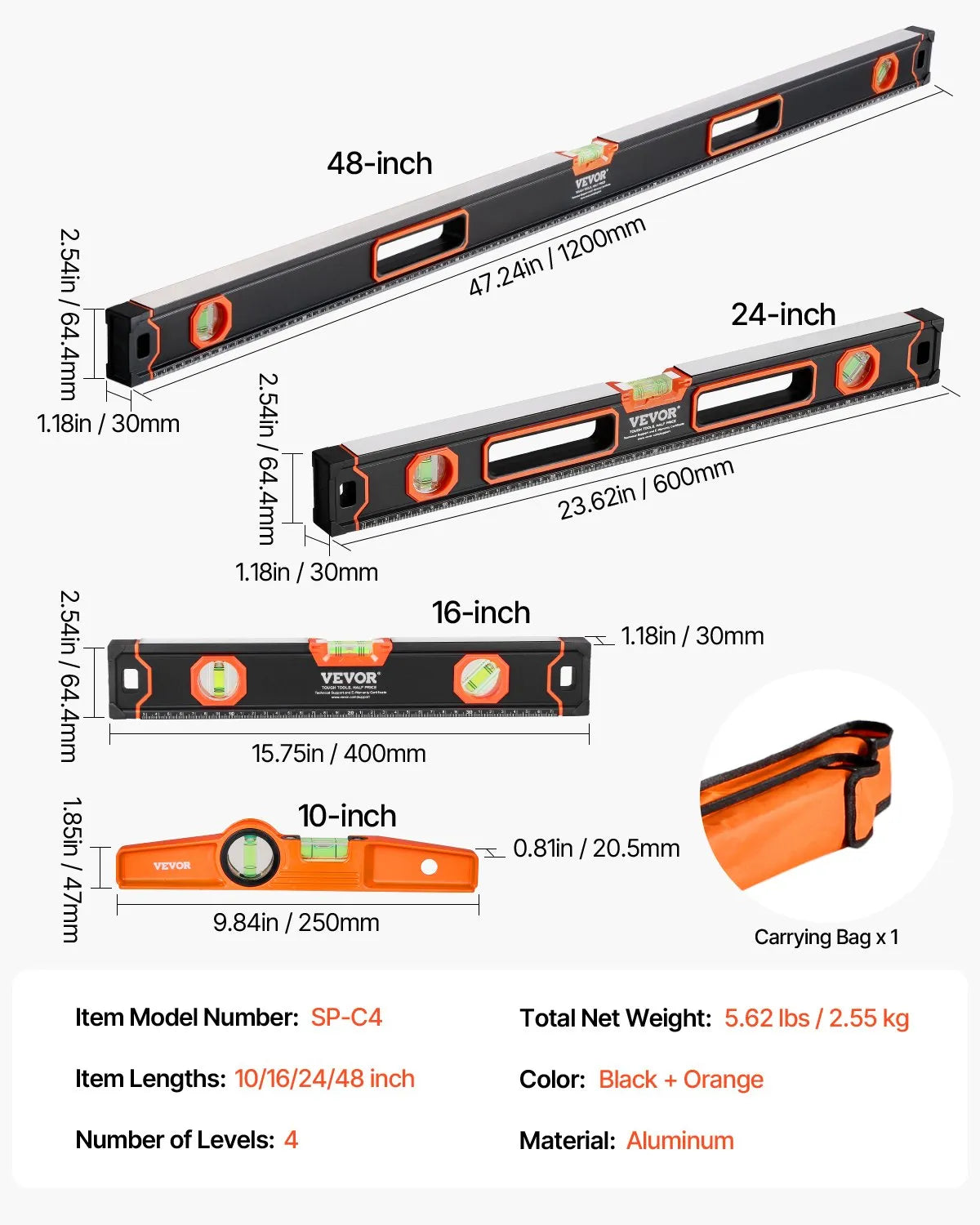 VEVOR 4 gabalu magnētisko torpēdas līmeņrāžu komplekts 1220/610/406/254 mm ar fluorescējošiem burbuļlīmeņiem, 45°/90°/180° lineālu, alumīnija sakausējuma līmeņošanas instrumentiem ar collu un metrisko skalu