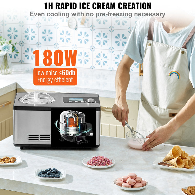 VEVOR 2 L Automātiskā Saldējuma Mašīna Jogurtam un Gelato, Elektriskā, Sudraba