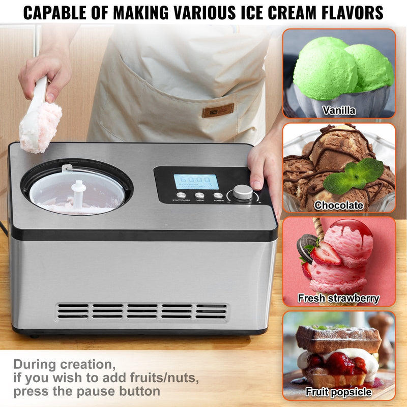VEVOR 2 L Automātiskā Saldējuma Mašīna Jogurtam un Gelato, Elektriskā, Sudraba