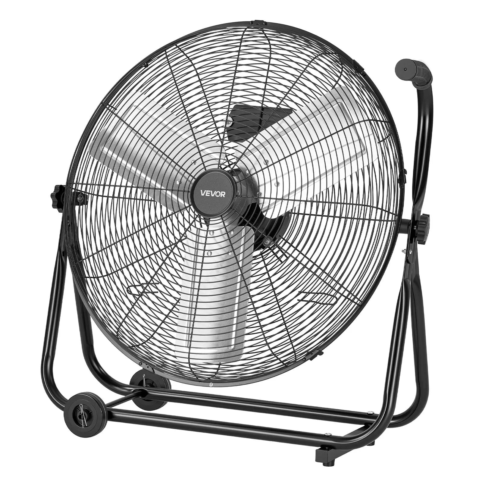 VEVOR industriālais grīdas ventilators 61 cm, 7500 CFM augstas veiktspējas gaisa plūsma, alumīnija lāpstiņas, 3 ātrumi, 360° regulējams slīpums, piemērots darbnīcām, noliktavām, garāžām un komerctelpām, melns