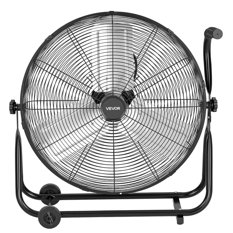 VEVOR industriālais grīdas ventilators 61 cm, 7500 CFM augstas veiktspējas gaisa plūsma, alumīnija lāpstiņas, 3 ātrumi, 360° regulējams slīpums, piemērots darbnīcām, noliktavām, garāžām un komerctelpām, melns