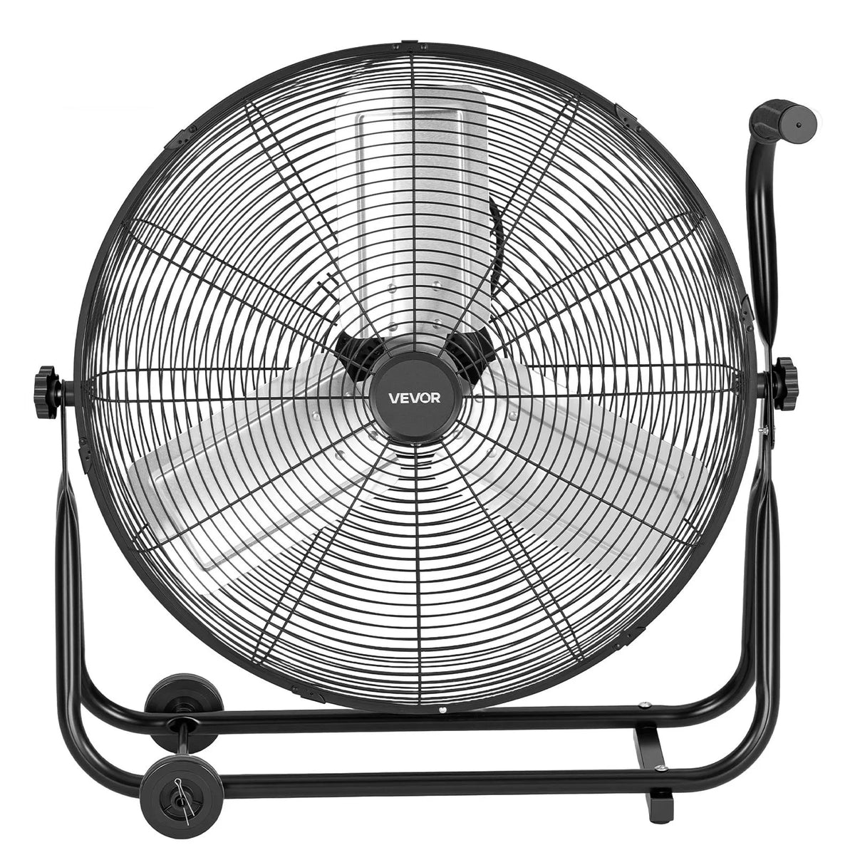 VEVOR industriālais grīdas ventilators 61 cm, 7500 CFM augstas veiktspējas gaisa plūsma, alumīnija lāpstiņas, 3 ātrumi, 360° regulējams slīpums, piemērots darbnīcām, noliktavām, garāžām un komerctelpām, melns