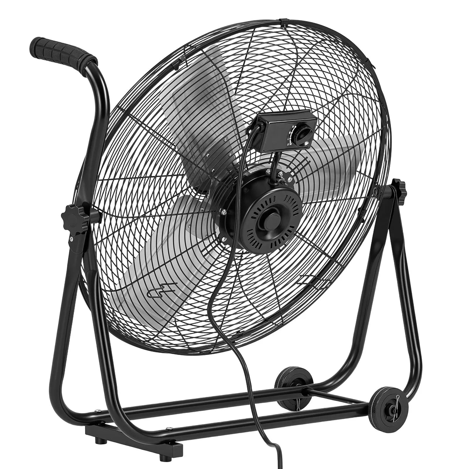 VEVOR industriālais grīdas ventilators 61 cm, 7500 CFM augstas veiktspējas gaisa plūsma, alumīnija lāpstiņas, 3 ātrumi, 360° regulējams slīpums, piemērots darbnīcām, noliktavām, garāžām un komerctelpām, melns