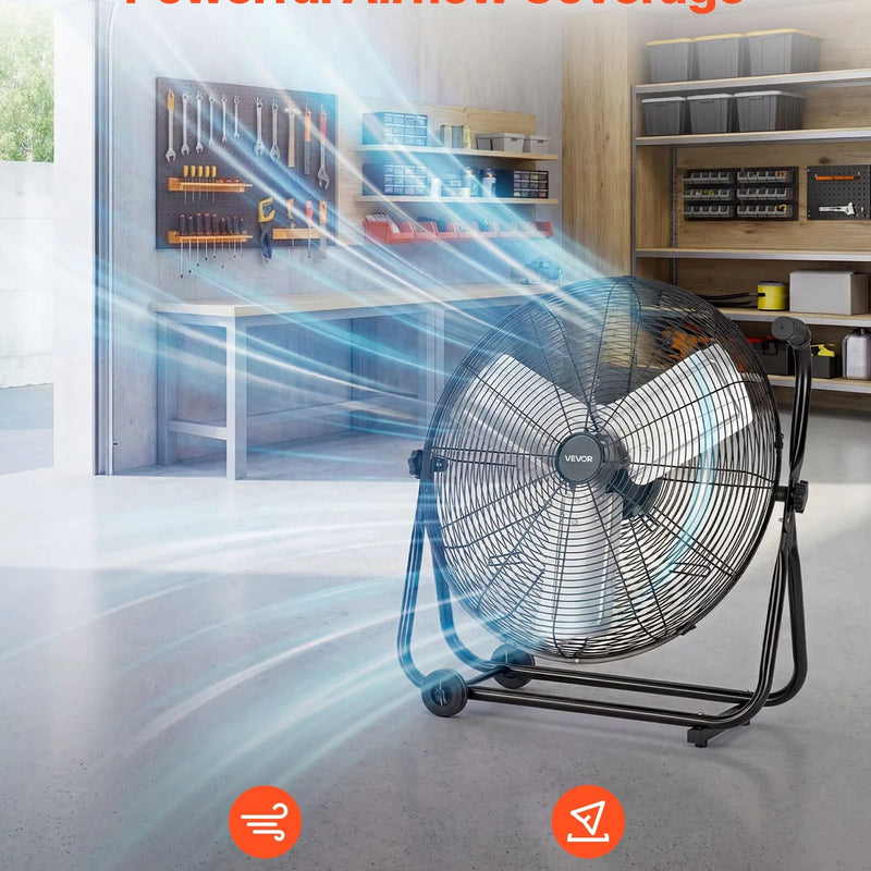 VEVOR industriālais grīdas ventilators 61 cm, 7500 CFM augstas veiktspējas gaisa plūsma, alumīnija lāpstiņas, 3 ātrumi, 360° regulējams slīpums, piemērots darbnīcām, noliktavām, garāžām un komerctelpām, melns