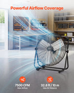 VEVOR industriālais grīdas ventilators 61 cm, 7500 CFM augstas veiktspējas gaisa plūsma, alumīnija lāpstiņas, 3 ātrumi, 360° regulējams slīpums, piemērots darbnīcām, noliktavām, garāžām un komerctelpām, melns