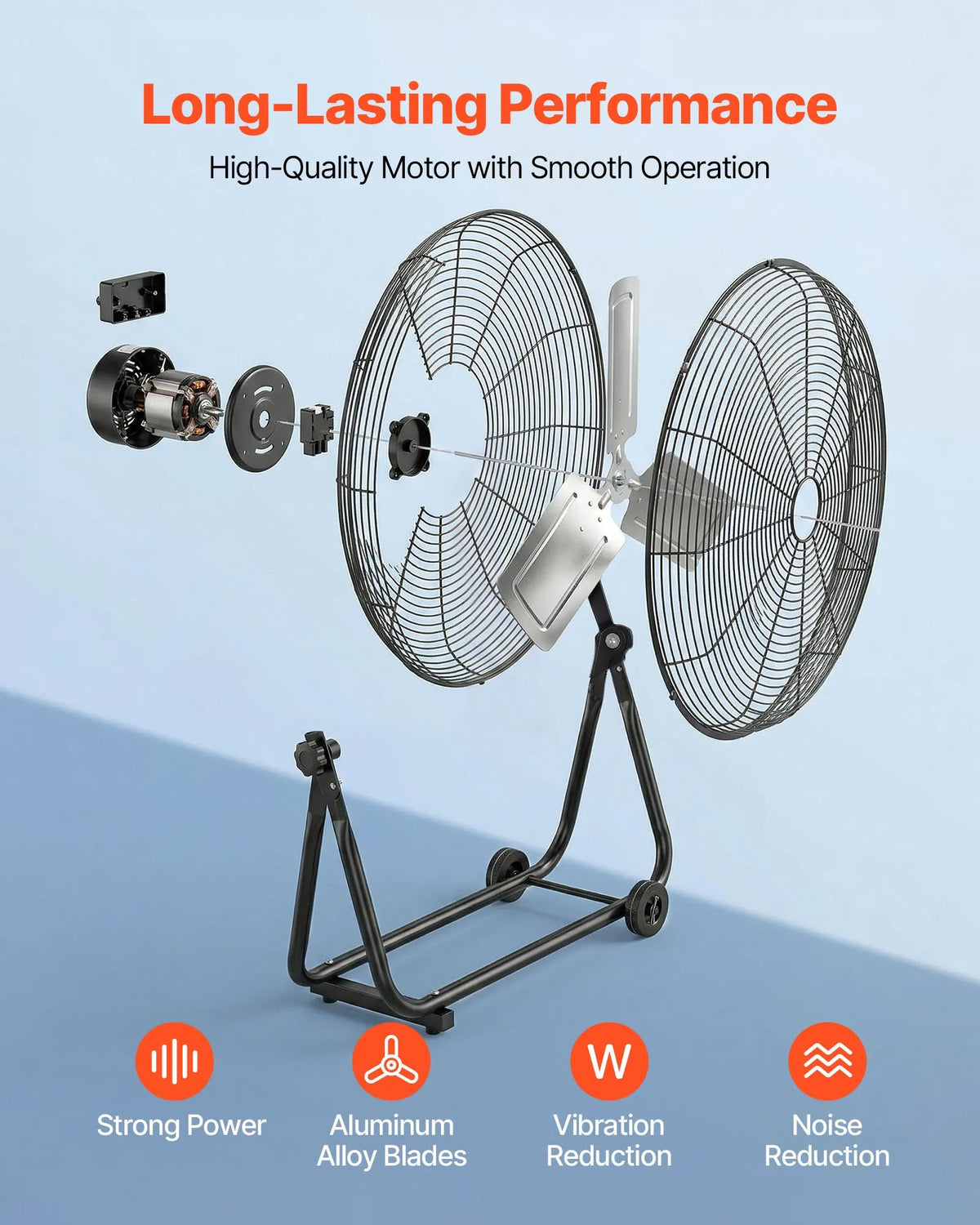 VEVOR industriālais grīdas ventilators 61 cm, 7500 CFM augstas veiktspējas gaisa plūsma, alumīnija lāpstiņas, 3 ātrumi, 360° regulējams slīpums, piemērots darbnīcām, noliktavām, garāžām un komerctelpām, melns