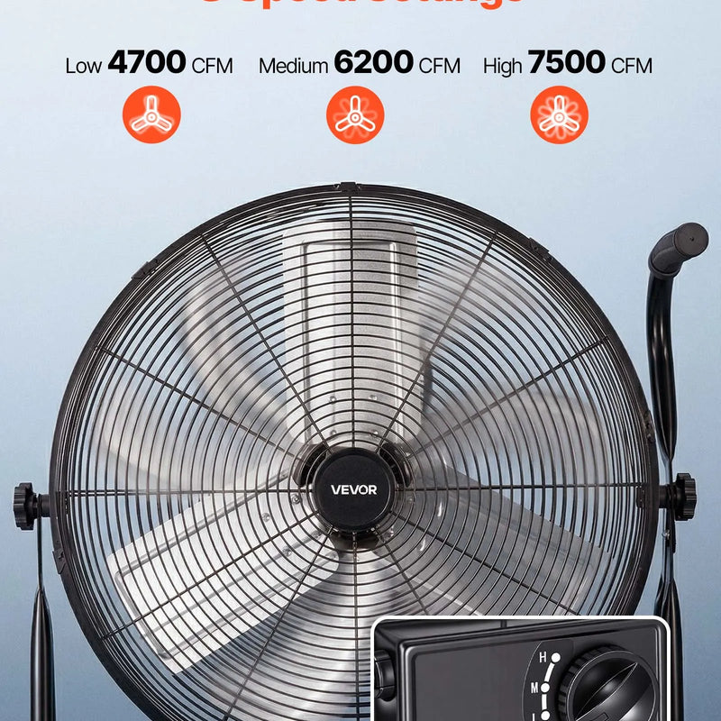 VEVOR industriālais grīdas ventilators 61 cm, 7500 CFM augstas veiktspējas gaisa plūsma, alumīnija lāpstiņas, 3 ātrumi, 360° regulējams slīpums, piemērots darbnīcām, noliktavām, garāžām un komerctelpām, melns
