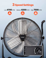VEVOR industriālais grīdas ventilators 61 cm, 7500 CFM augstas veiktspējas gaisa plūsma, alumīnija lāpstiņas, 3 ātrumi, 360° regulējams slīpums, piemērots darbnīcām, noliktavām, garāžām un komerctelpām, melns