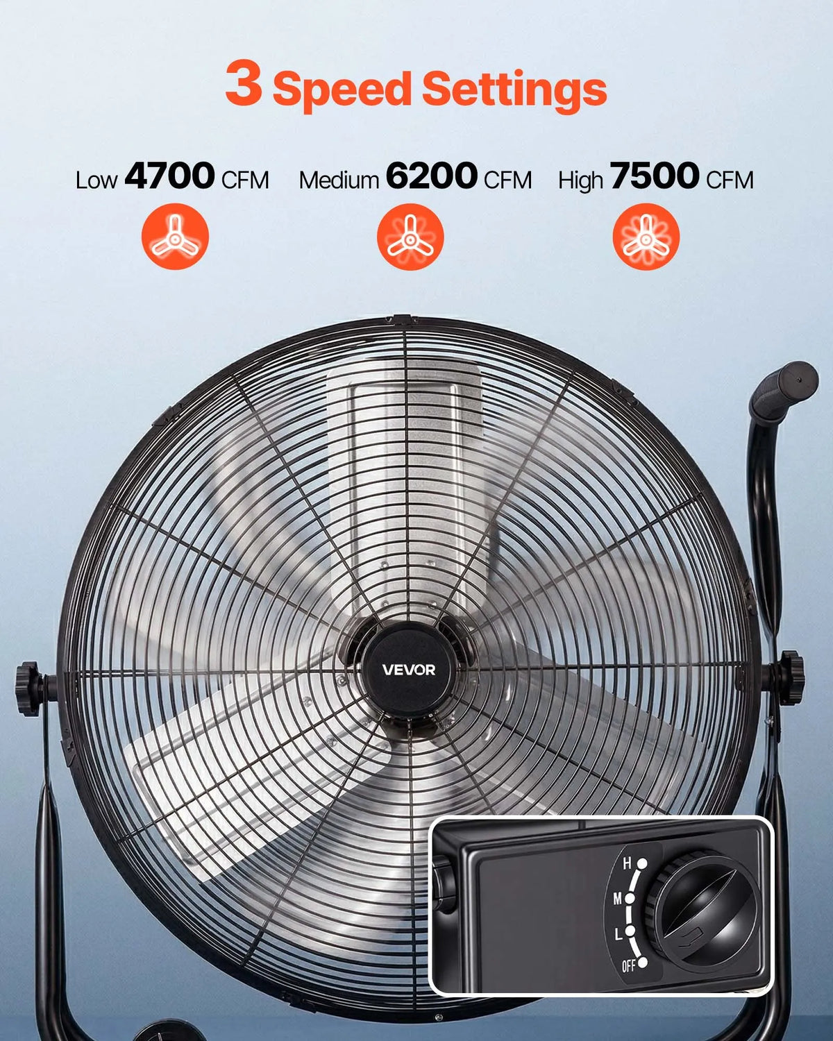 VEVOR industriālais grīdas ventilators 61 cm, 7500 CFM augstas veiktspējas gaisa plūsma, alumīnija lāpstiņas, 3 ātrumi, 360° regulējams slīpums, piemērots darbnīcām, noliktavām, garāžām un komerctelpām, melns